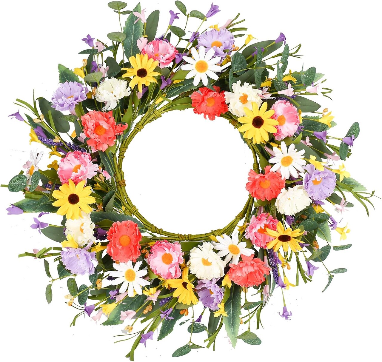 Artificial Flower Wreath,20” Purple Yellow White Pink Floral Wreath Spring and Summer Wreath Front Door Wreath for Home Party Festival Wedding Decor